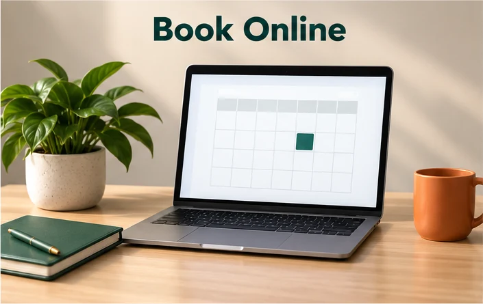 Illustration of a laptop showing a calendar with one day highlighted, for booking an immigration appointment on HiKorea