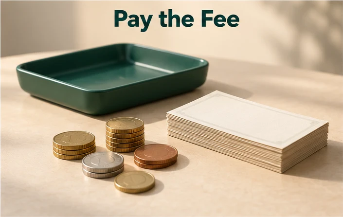 Illustration of plain coins and notes on a green tray, for the 35,000 won residence card fee