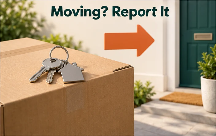 Illustration of a moving box with keys and an arrow to a new front door, for reporting a new address within 15 days