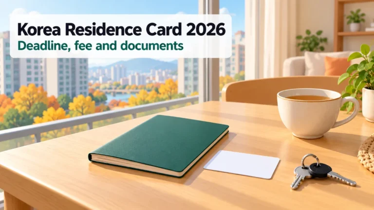 Illustrated cover: a plain booklet, blank card and keys on a table by a window, titled Korea Residence Card 2026
