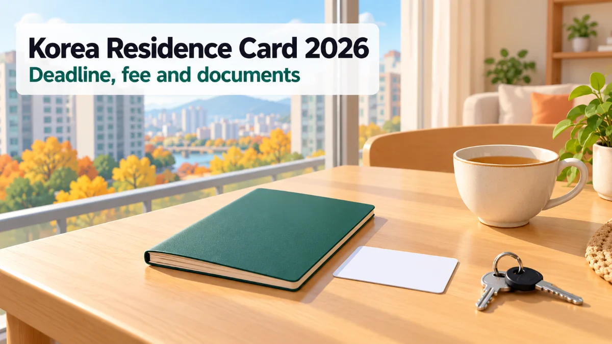 Illustrated cover: a plain booklet, blank card and keys on a table by a window, titled Korea Residence Card 2026